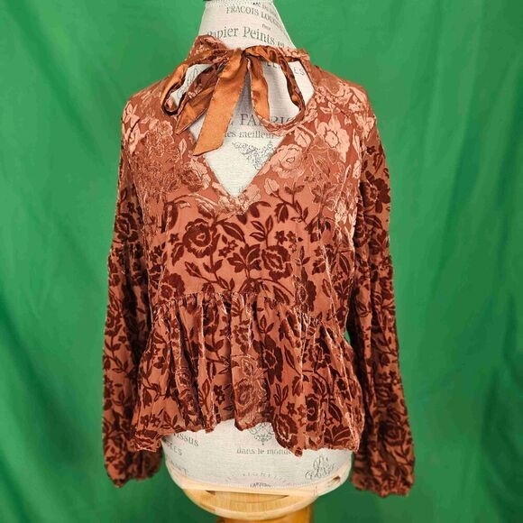 Anthropologie Womens Rust Orange Floral Velvet Tie Neck Blouse Medium - Picture 1 of 6